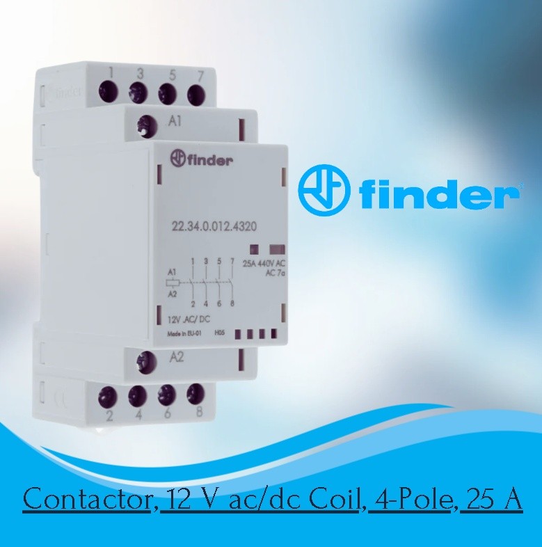 22.34.0.012.4320 Contactor, DIN Rail, 12 VAC-DC, 4PST-NO, 4 Pole, 4 kW